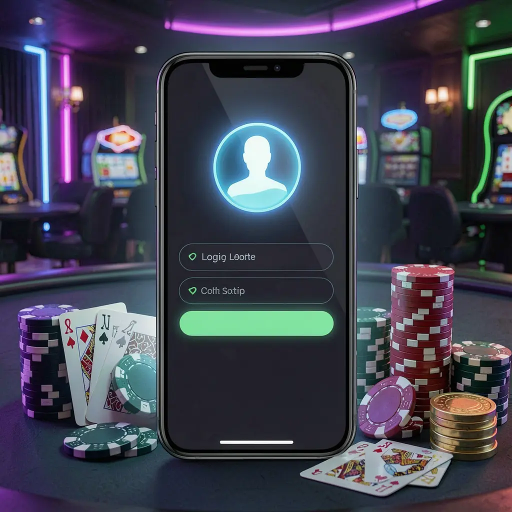 top789 casino app login screen on smartphone with glowing user profile icon, surrounded by chips, cards, and coins against an elegant dark background with neon highlights
