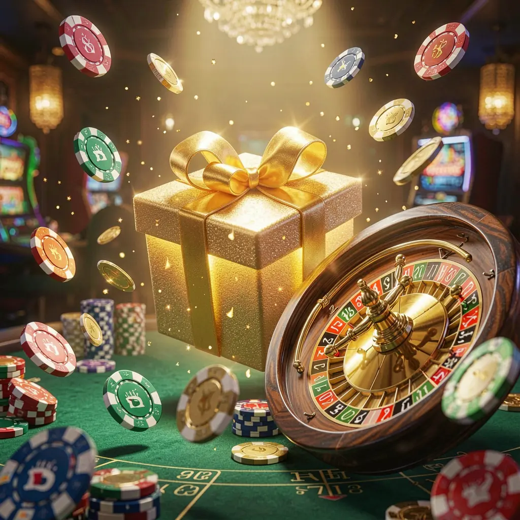 A festive casino scene featuring a glowing gift box, a roulette wheel, poker chips, and flying coins with cinematic lighting, highlighting the top789 welcome bonus offer