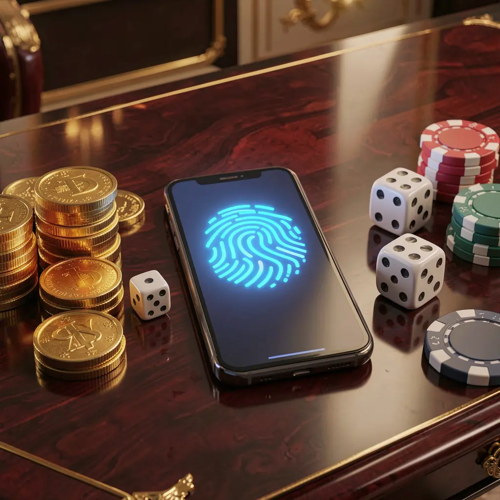 top789 online gaming account access scene showing a smartphone with glowing fingerprint icon surrounded by golden coins, dice, and poker chips on a glossy table with cinematic lighting