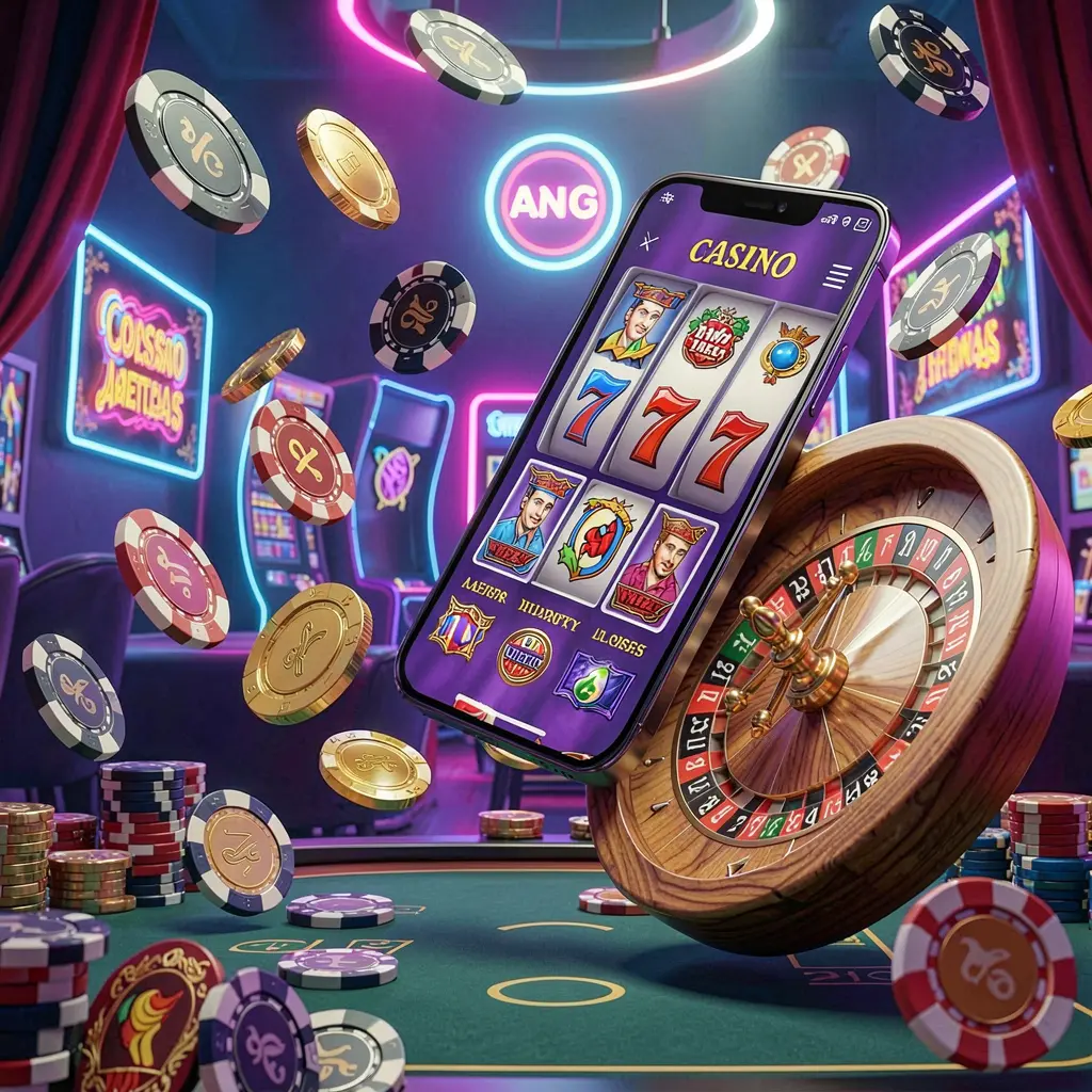 top789 casino entertainment homepage concept featuring a modern mobile phone surrounded by slot symbols, roulette wheel, chips, and coins floating against a neon casino background in a premium 3D render